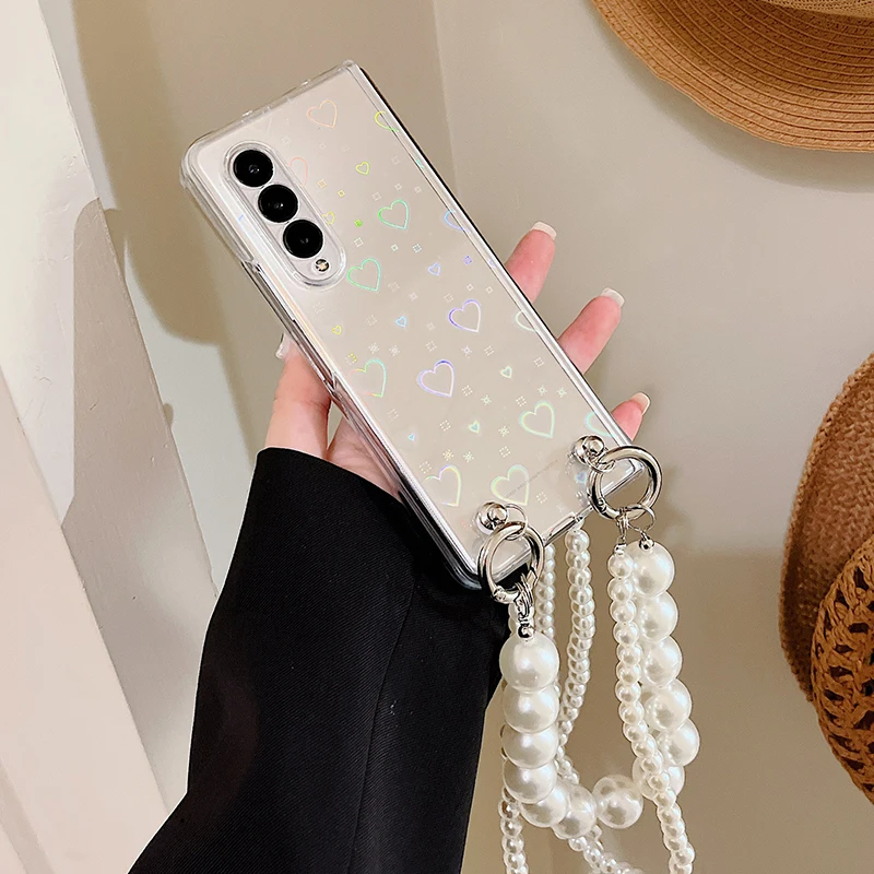 Crossbody Pearl Long Chain With Hang Bracelet Phone Case For Samsung Galaxy Z Fold 3 5G Laser Colorful Love Heart Hard Cover