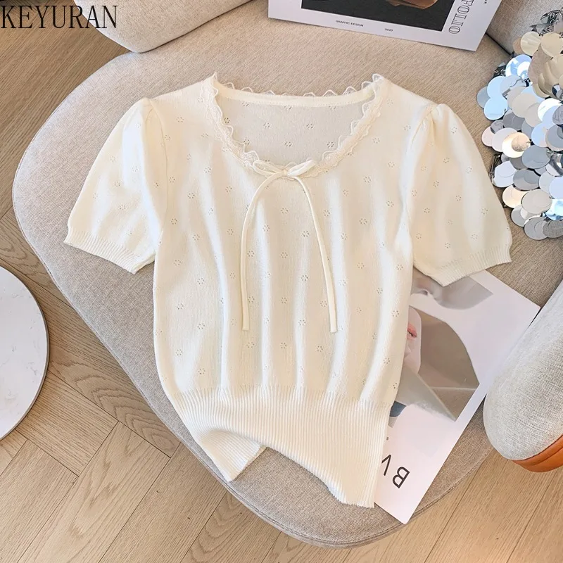 2024 Summer Hollow Out Short Sleeve Sweater Women Knit T-shirt Korean Style Sweet Thin Pullovers Knitwear Tops Jumper Pull Femme