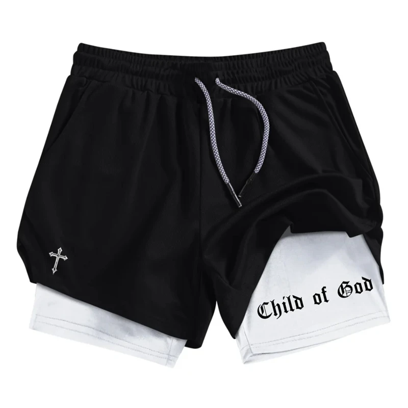 Pantalones cortos de entrenamiento para correr 2 en 1 con estampado de letras para hombre, pantalones cortos atléticos de secado rápido para gimnasio de verano con bolsillo para teléfono, ropa deportiva cristiana