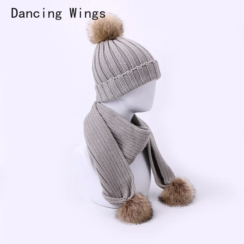 

Fashion Warm Children Hat Scarf Set Winter Thick Knitted Faux Fur Pompom Beanie Cap Boys Girls Knit Ears Cap Kids Baby Hats Set