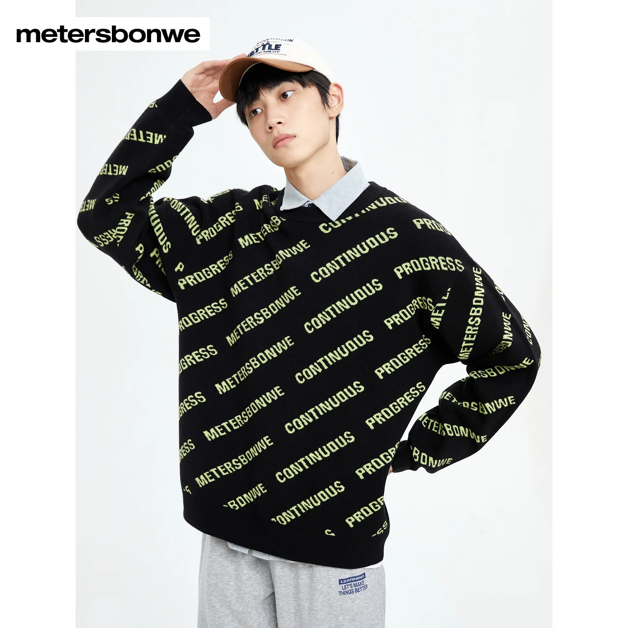 Metersbonwe-Men's  Color Clash Full Letter Jacquard Sweater Jumper Round Neck Loose Pullover Comfortable Soft Casual Fall