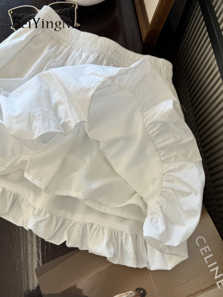 Beiyingni Damskie Mini Spódniczki Bud Jednolity Kolor Koreański Kawaii Biała Krótka Spódniczka Tutu w Kształcie Litery A Dziewczęca Styl Preppy Uliczne Kieszenie Faldas