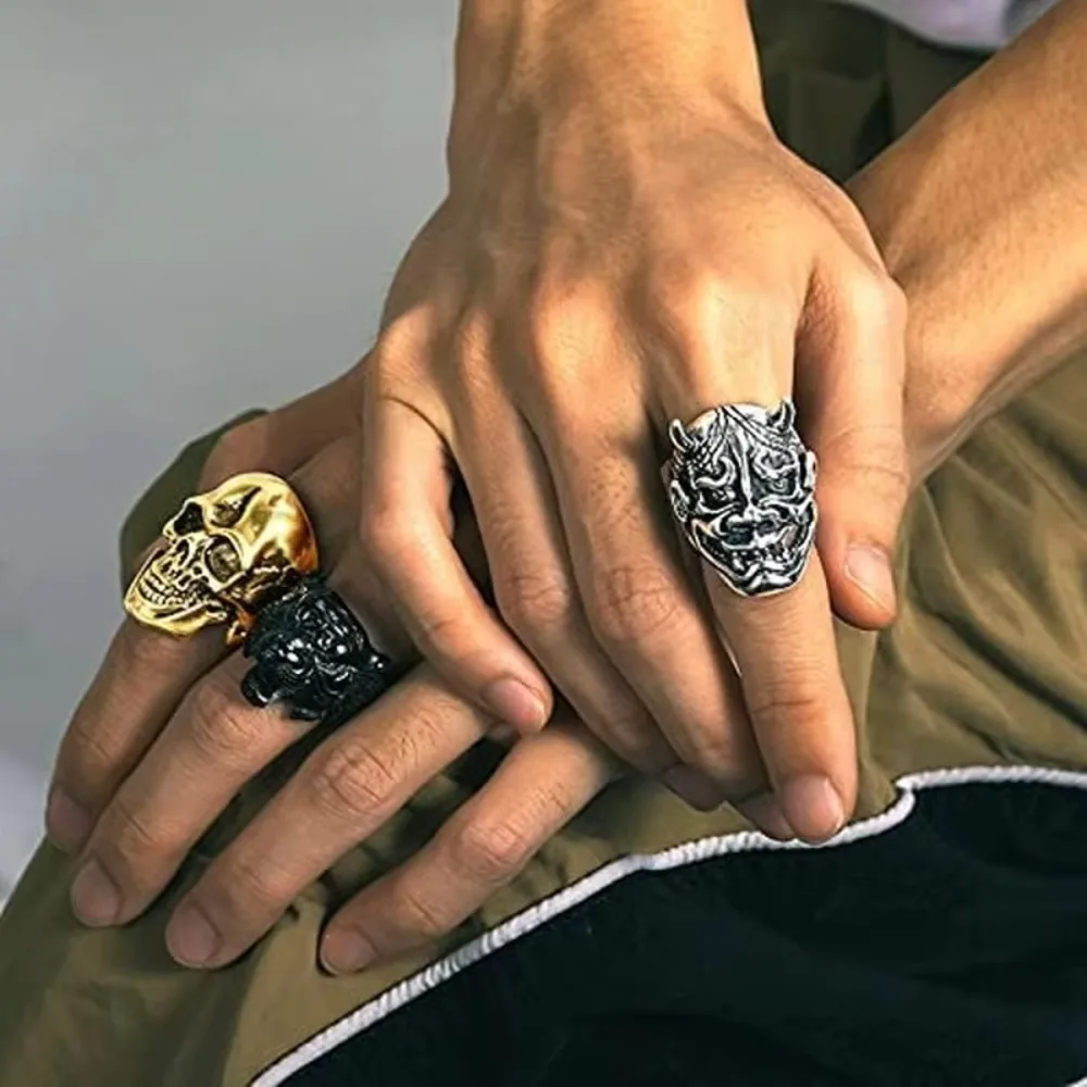 U7 Stainless Steel Skull Rings for Men Vintage Hannya Mask Devil Horn Skull Jesus Sparta Helmet Gothic Signet Ring Jewelry Gift