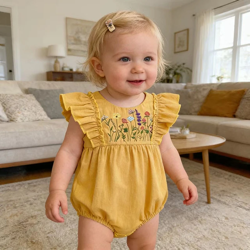 

Новые летние комбинезоны для девочек 0-24 месяцев, 2026 года, без рукавов, из хлопка, с вышивкой, для малышей