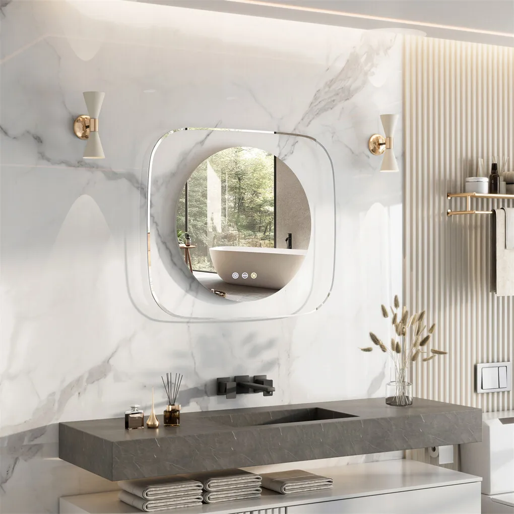 مرآة حمام LED مقاس 80 × 70 سم، مرآة حمام مضاءة فريدة من نوعها مع إضاءة خلفية بحواف زجاجية شفافة، مزيل الضباب، درجة حرارة 3 ألوان