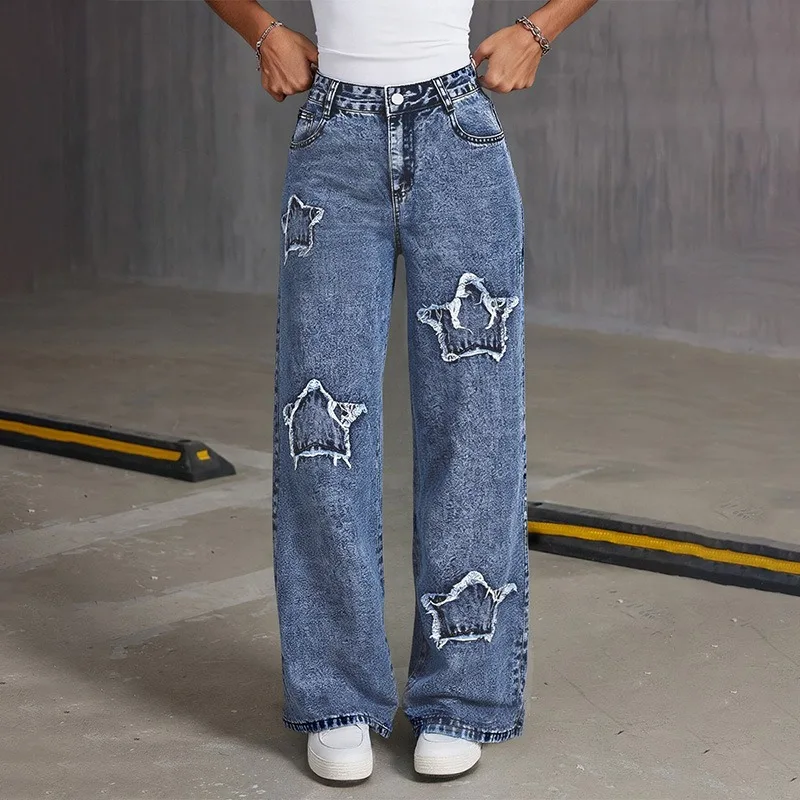 Stars Patchwork Cotton Jeans Women Streetwear Y2K Baggy Jean Casual Denim Pants Youth Straight Patns Fashion Women Clothes 2000s
