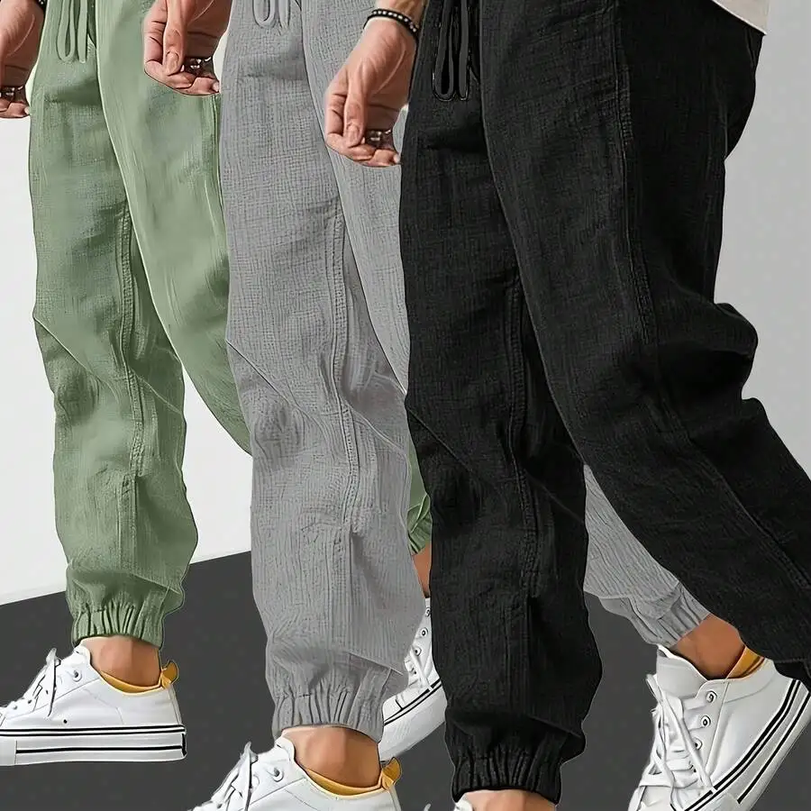 3pcs, 8 Colors Available - Men's Textured Cool Sport Pants For Spring, Summer, And Fall, Loose-Fit Cuffed Legs For All Seasons,