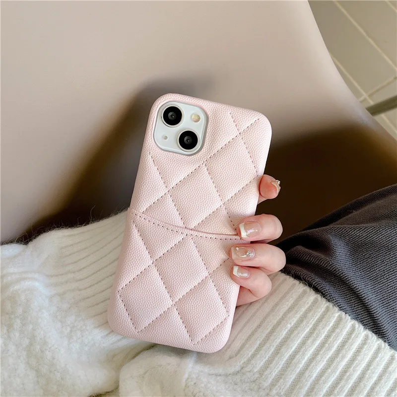 IPhone 15 Promax Small Fragrant Wind Lingge Luxury Apple 11 Lychee Pattern 13 Leather 12 Insert Card Anti Collision Phone Case