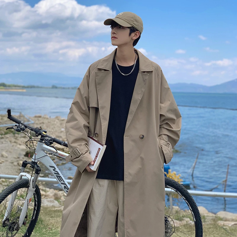 

Korean Style Men's Oversize Coat British Style Mid-Length Windbreaker Casual Loose Fit Youthful Pure Color Autumn Fashion