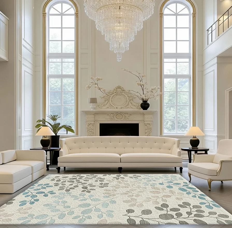 Soft Leaf Botanical Area Rug Light Blue Grey Nature Plant Non‑Slip Carpet Floor Mat for Living Room Bedroom Home Decor
