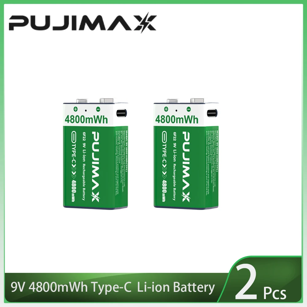 PUJIMAX USB 9V Oplaadbare Batterij 4800mWh Type-C Oplaadbare 6F22 9V Li-ion Batterij voor RC Helicopeter Model Multimeter Speelgoed