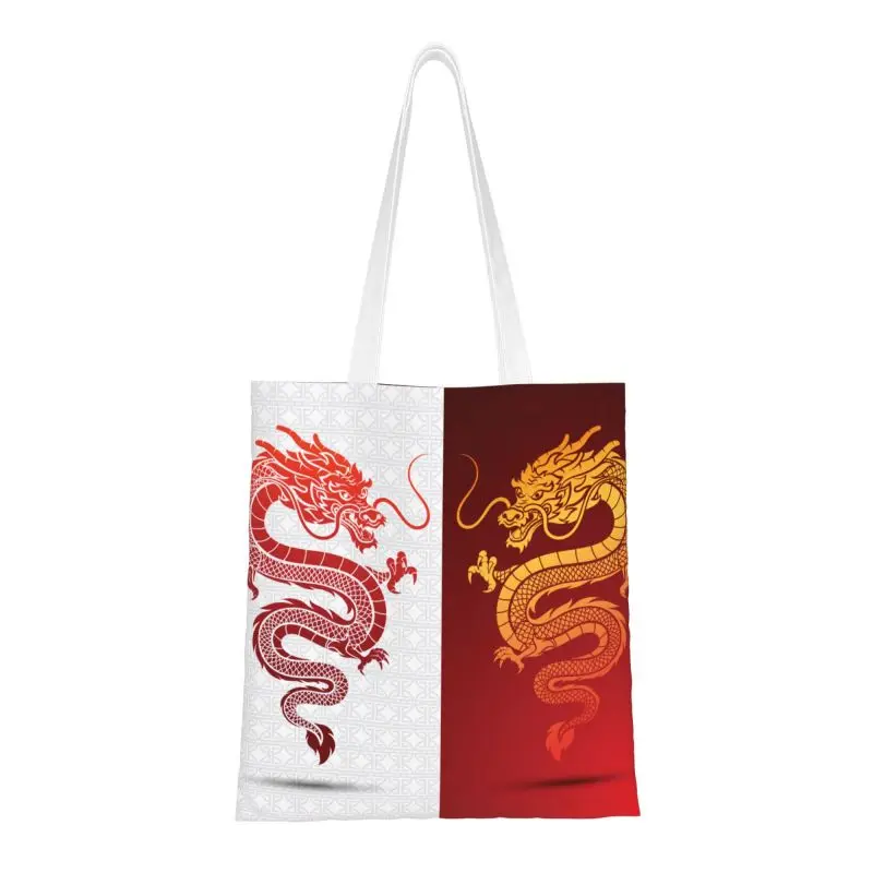 Asian Tradition Dragon Totem Shopping Bag Women Shoulder Canvas Tote Bag Washable Chinese Mythology Grocery Shopper Bags