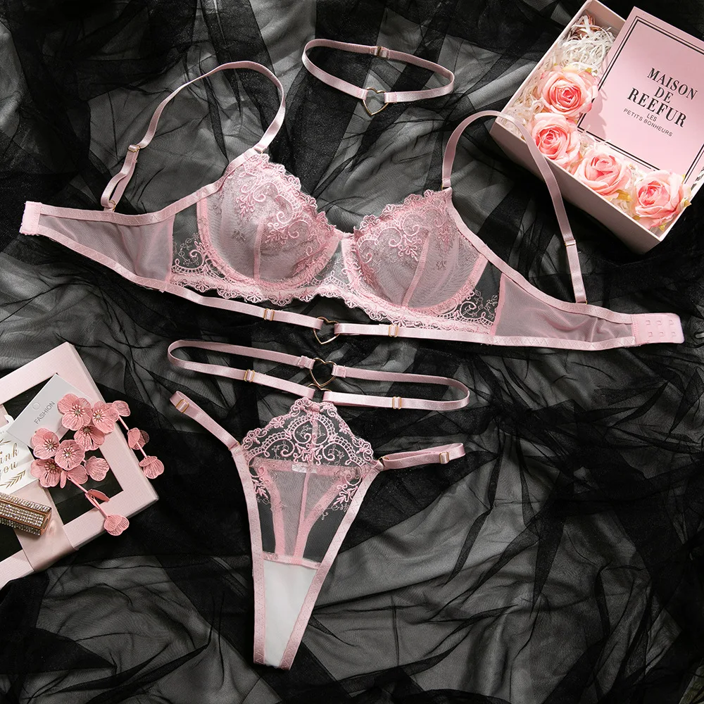 

Lace Embroidery Erotic Set Women Thin Mesh Lingerie Bra Thong Set Elegant Ladies See Through Underwear Sexy Costumes