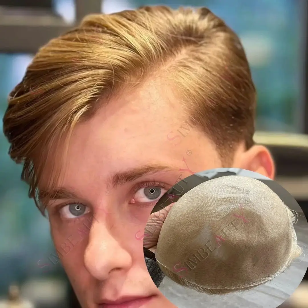 

22R # Блондинка 0,04-0,05 мм, ультратонкая кожа, Vloop, мужской парик, европейские серые, черные человеческие волосы, невидимая линия волос, капиллярный протез