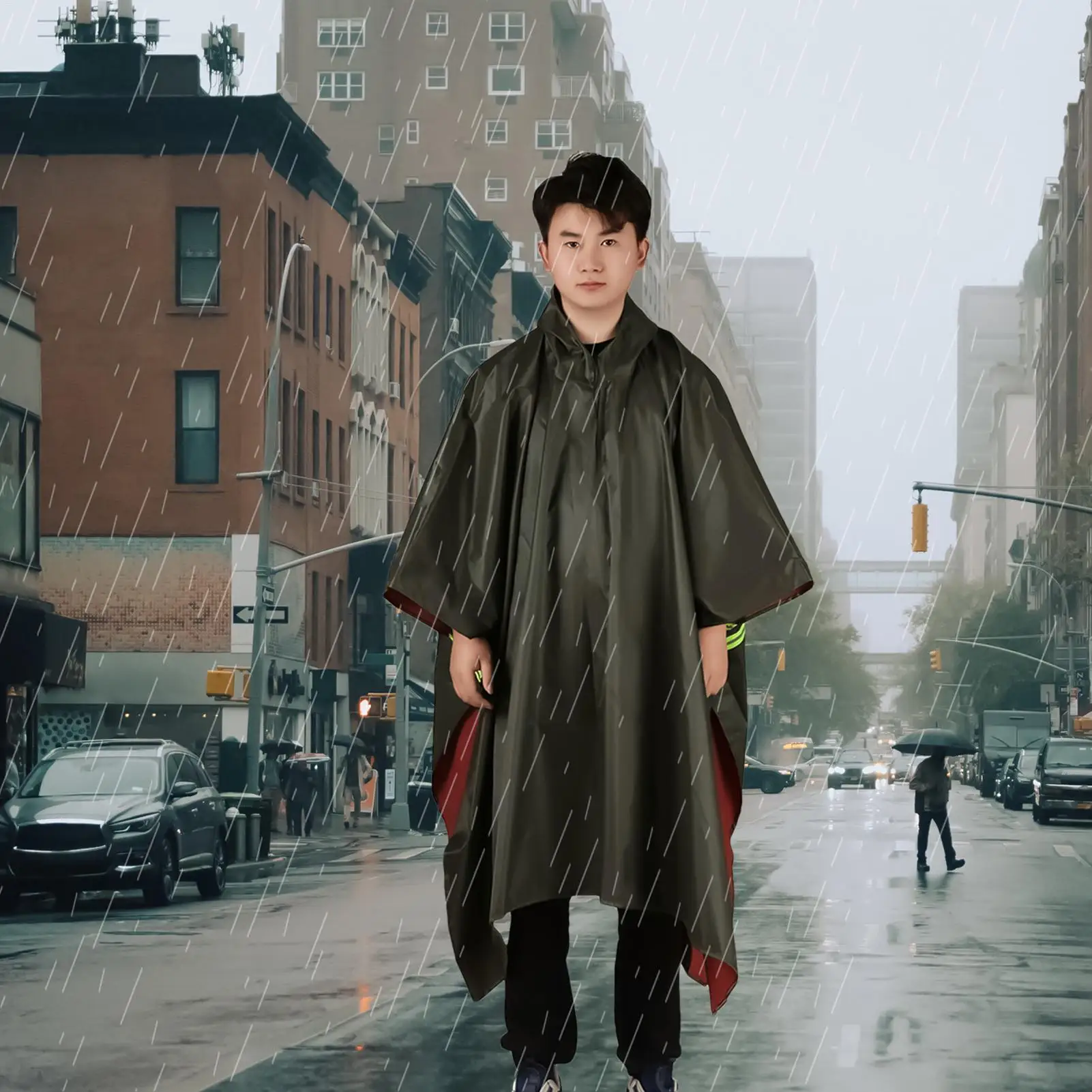 

Rain Poncho Reflective Strip Design Adult Rain Jacket With Hood Adjustable Hooded Raincoat For Youth Teens Women Men