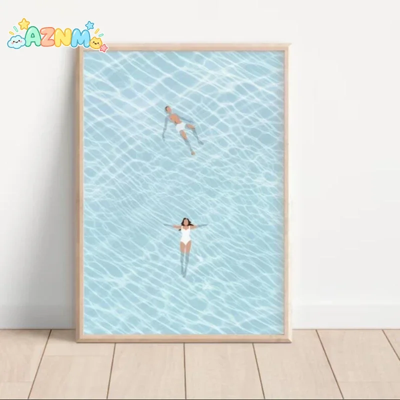 Floating in Swimming Pool Into The Water Summer Nordic Poster Canvas Painting Wall Art Pictures Beach House Home Decor Gift