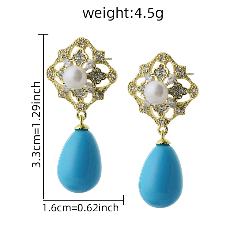 لؤلؤ المياه العذبة الطبيعية مربع الجوف الزركون مطعمة الفيروز قلادة أقراط خمر الأقراط الفاخرة النساء المجوهرات GE1747