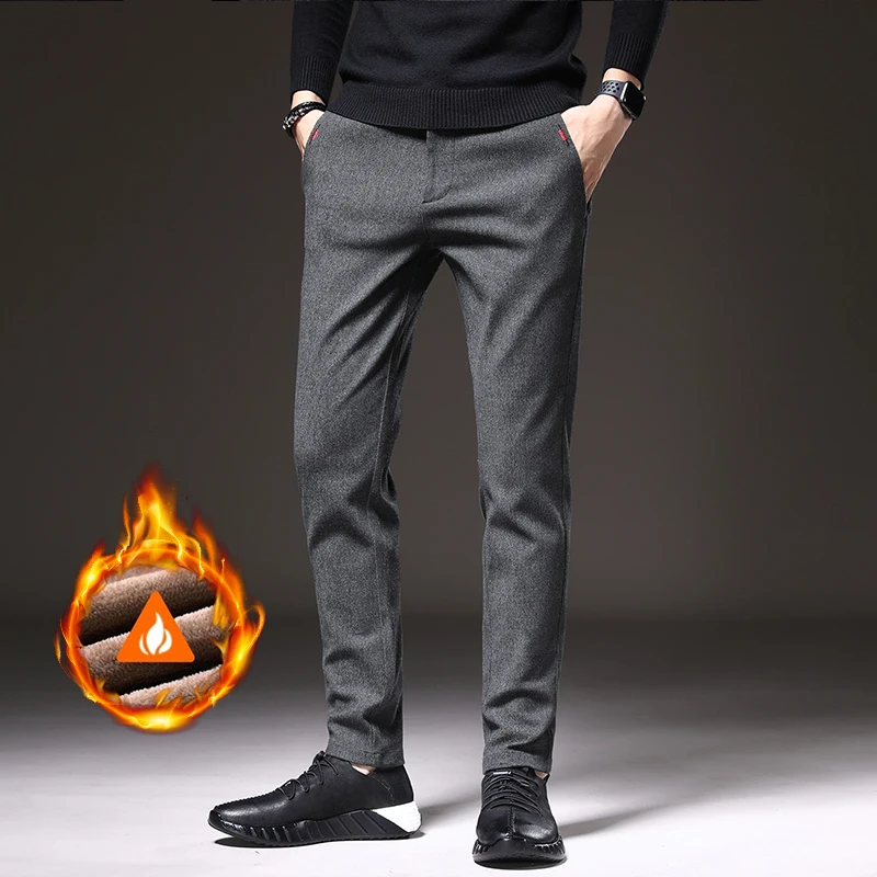 Winter Warm Men\'s Brushed Casual Pants Business Straight Slim Thick Fleece Trousers Plush Brand Male Clothes 28-38
