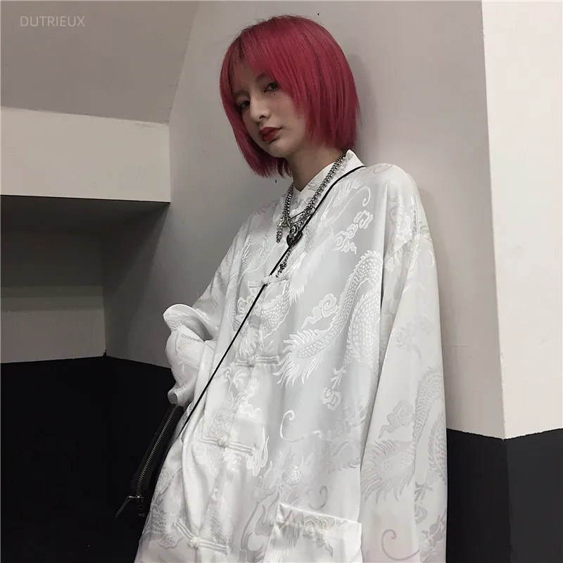 Women Man Blouse Dragon Print Harajuku Streetwear Chinese Style Stand Collar Buckle Vintage Black White Shirt Blusas