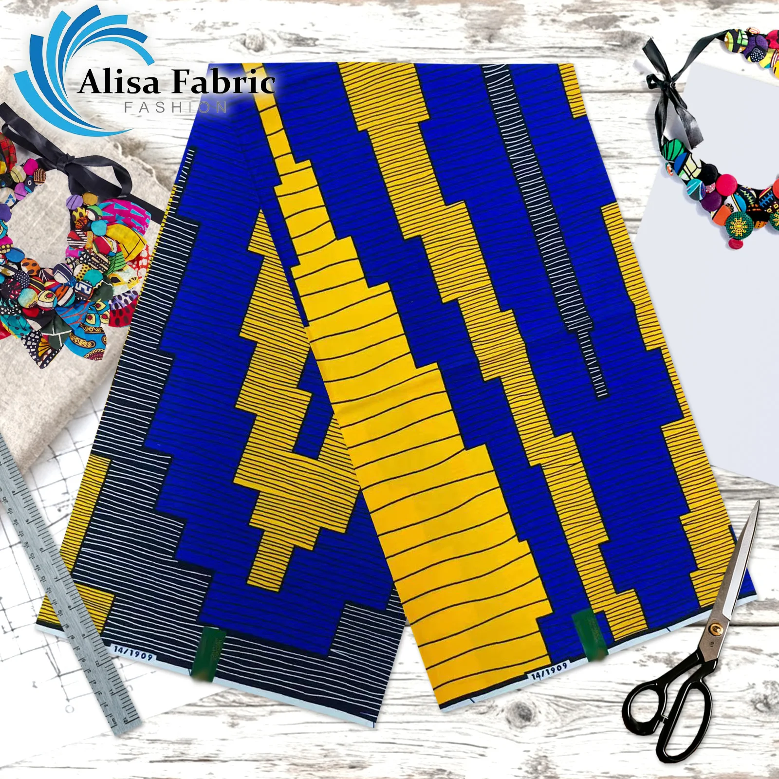 

Latest hollandais African wax Ankara fabric 6 yards 100% cotton tissus couture for wedding dresses, Royal Blue & Yellow