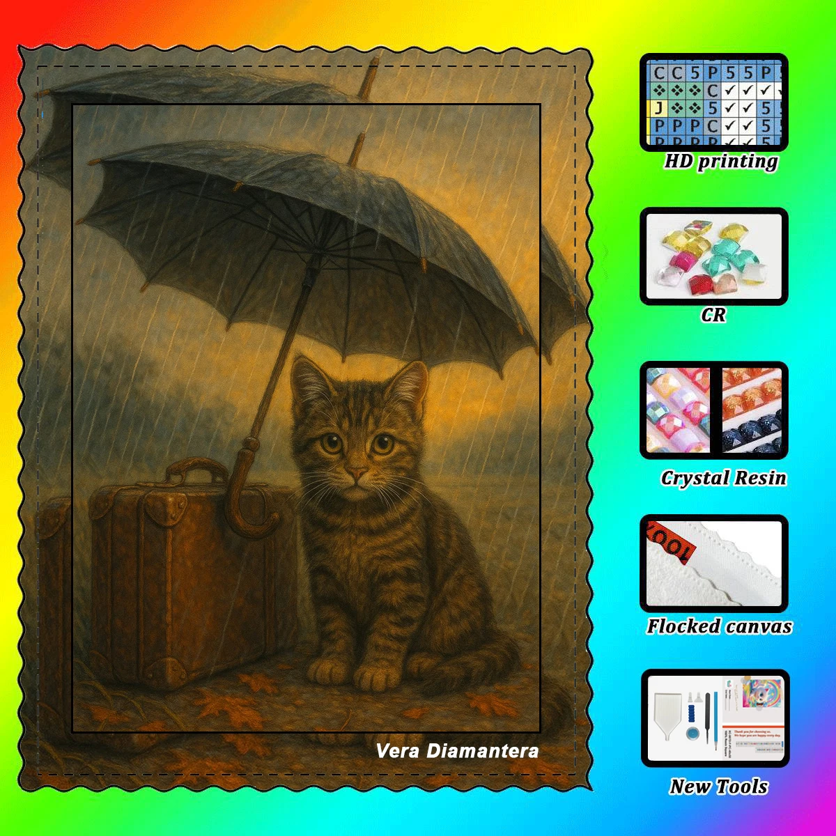 【VERA ART Diamond】Diamond Painting Kit - Perfect Design with Cat And Umbrella Resin Rhinestones Crystal Diamonds for Home Deco