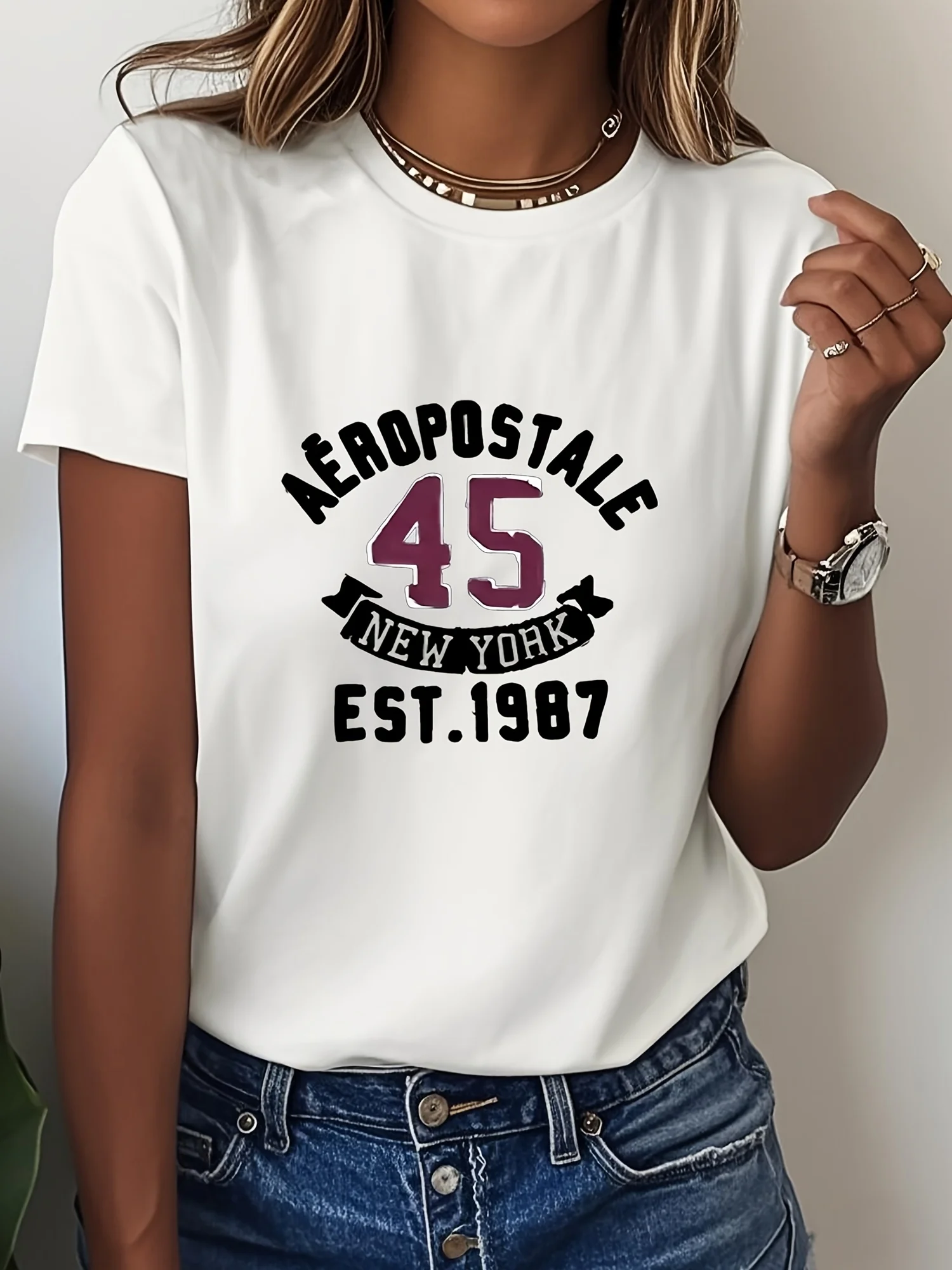 Camiseta de manga con cuello para mujer, ropa informal de primavera para mujer, nueva camiseta informal redonda con estampado de aniversario de Aeropostale