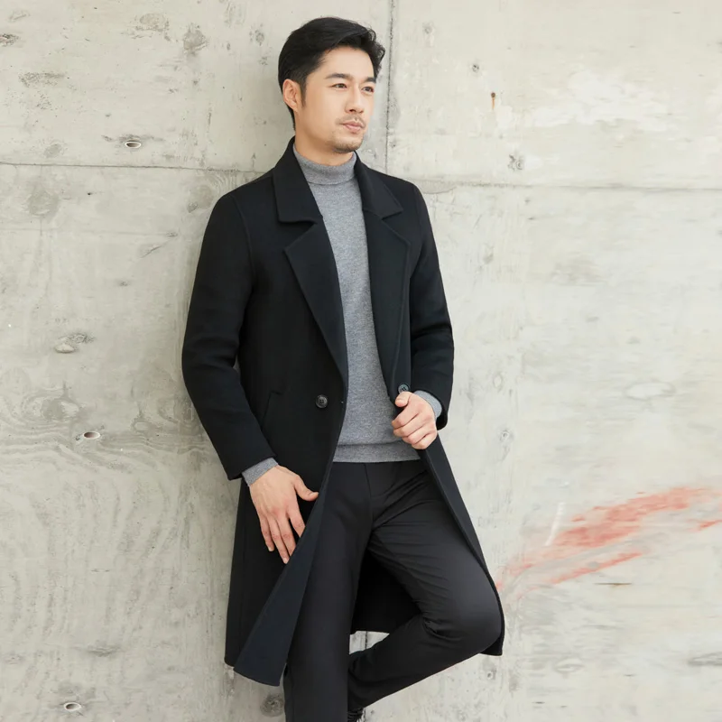 High End Long Men\'s 100% Pure Wool Suit Woolen Cardigan Jacket Autumn/ Winter New Woolen Business Double-sided Cashmere Coat
