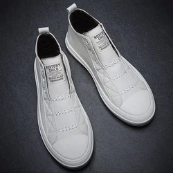 New 100% Genuine Leather Shoes Men High top Fashion Sneakers Flat Brand Black White Shoes Cool Street Young Male Footwear DX233