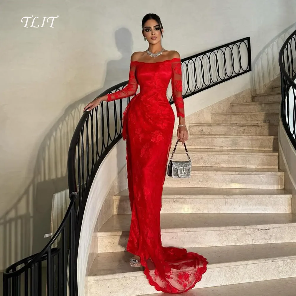 

TLIT Elegant Red Lace Mermaid Evening Gown Dresses Off the Shoulder Long Lace Sleeves Prom Gowns Customized Formal Party