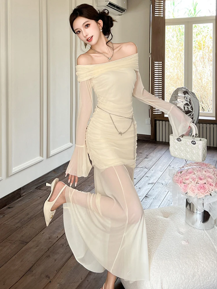 Femmes vêtements de soirée maille pure Sexy épaules dénudées maigre Maxi longue Robe en queue de poisson élégante dame mode fête bal robes Robe