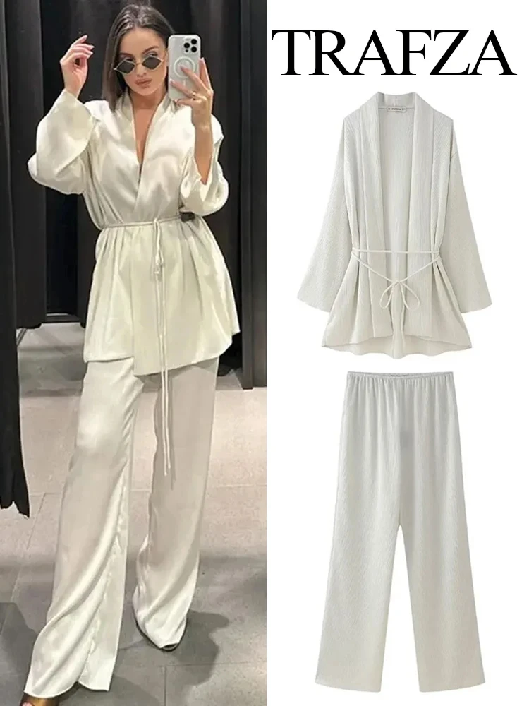 TRAFZA Women 2 Piece Set Pleated Texture Lace Up Decorate Fashion Kimono Shirt Top+Solid Elastic Waist Wide Leg Long Pant Mujer