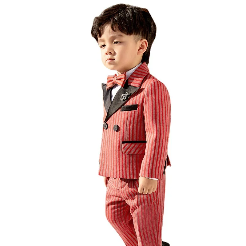 

Костюм для фотографий Пиано для мальчиков, детская свадебная одежда, детский роскошный комплект из 5 предметов/комплект, красная куртка, жилет, брюки, галстук-бабочка, брошь, платье на день рождения