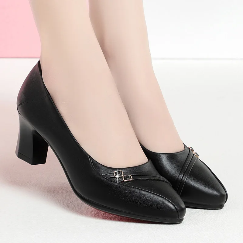 

5.5cm All Match Breathable Comfortable Shallow Soft Leather Shoes Women Pumps 2025 Fall Block Heels Shoes Office Mom Work Daily