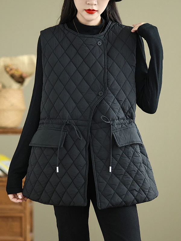 

Fall Winter Cotton Jaet Vest down Jaet Outerwear Mid-Length Top Women's Busin Casual Color round Ne Single Button
