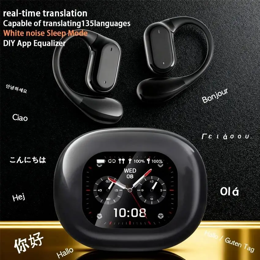 LCD Full Color Touch AI Smart Translation Bluetooth Wireless Ear Hook Headsets Multi-functional Acitve Noise Reduction Headphone