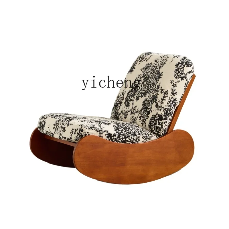 

Tqh Single Plush Rocking Chair Balcony Living Room Home Leisure Recliner Cream Style Mid-Ancient Solid Wood Sofa Chair