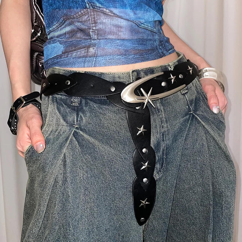 Punk Fashion Niche Moon Five-pointed Star Inlaid Belt Black Belly High-end Belt Jeans Hot Girl Decorative Belt