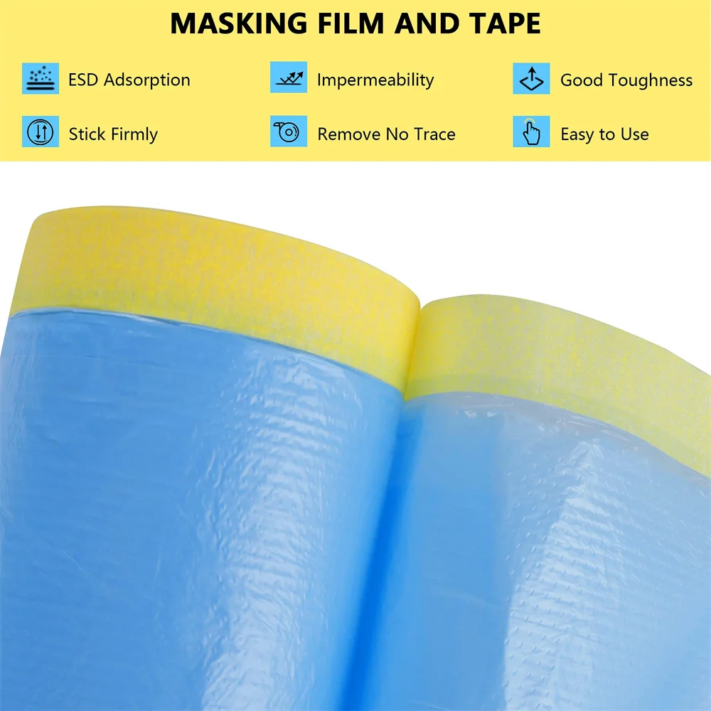 Pre-Taped Masking Film Plastic Sheeting Automotive Washi Tape No Residue Painters Plastic Drop Cloth for Painting