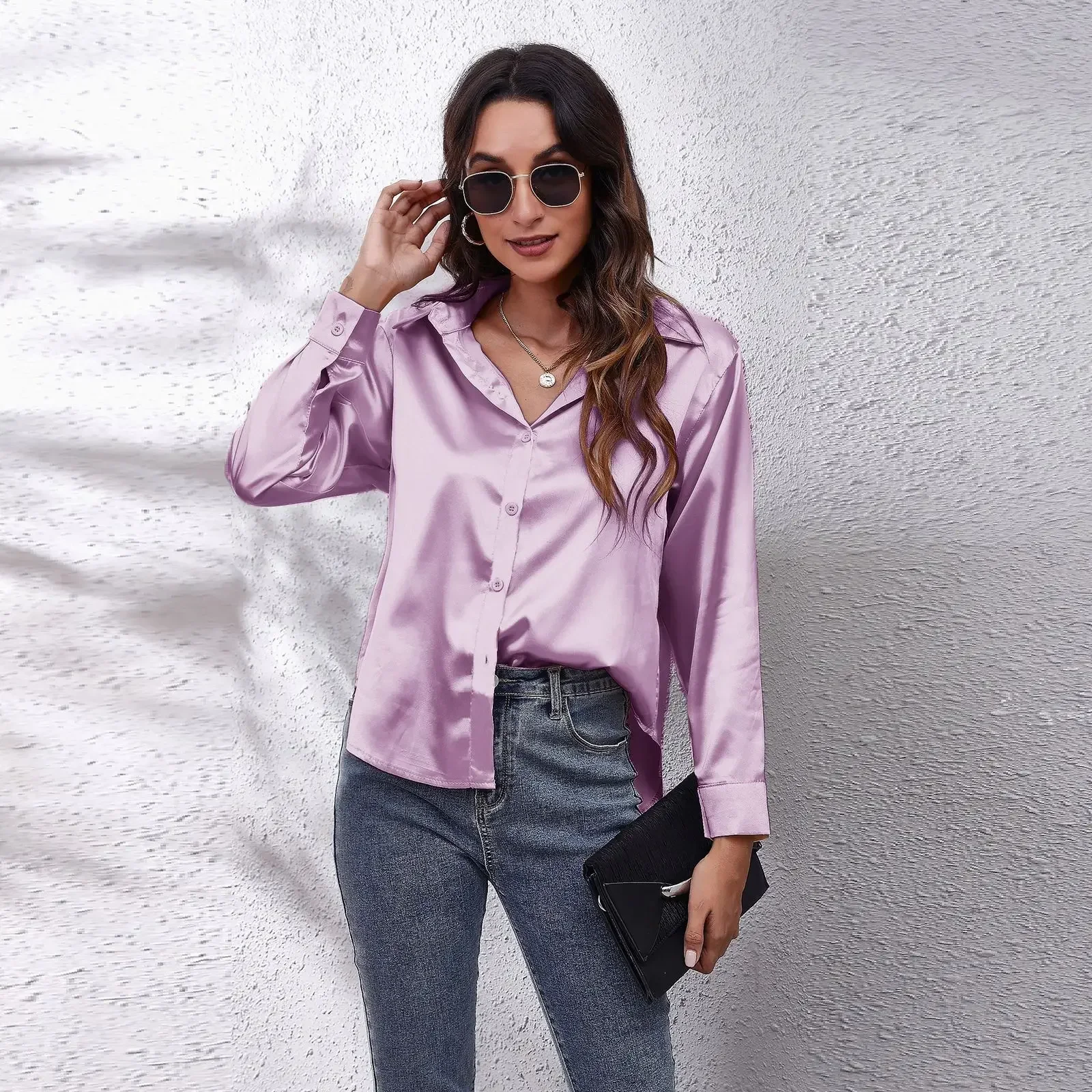 エレガントな無地サテンシルク女性用シャツ、ファッショナブルな - Silk Blouse Button のレビューと価格