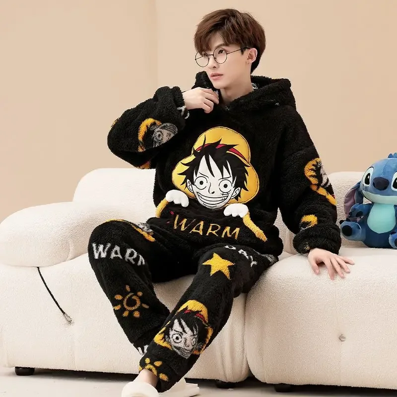 

Cartoon Plush Pajamas One Piece Luffy High-looking Creative Student Men's Winter Coral Velvet Hooded Thickened Home Clothes Set