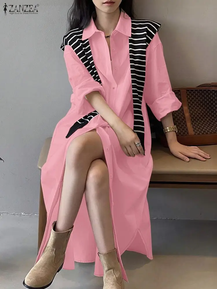 ZANZEA Moda Orlo a fessura Abiti lunghi Donna Casual Colletto rovesciato Manica lunga Bottoni Camicia tinta unita Abito da pendolarismo 3XL