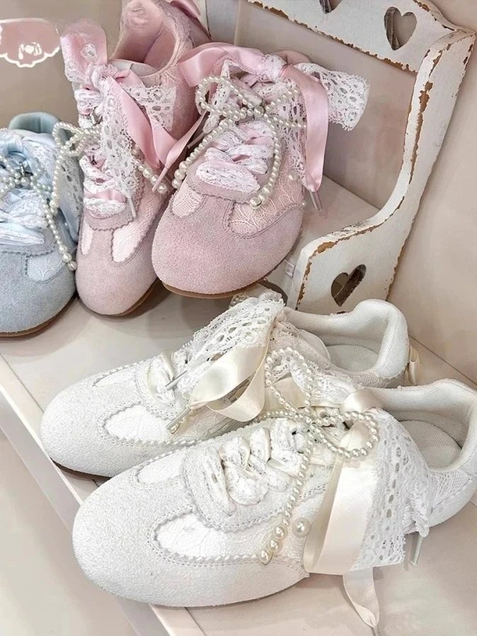 

Original Lol Sneakers Lace Inner Heightening Training Shoes Leather Ballet Sneakers Cute Cross Belt Pearl Bow Casual Women Shoes