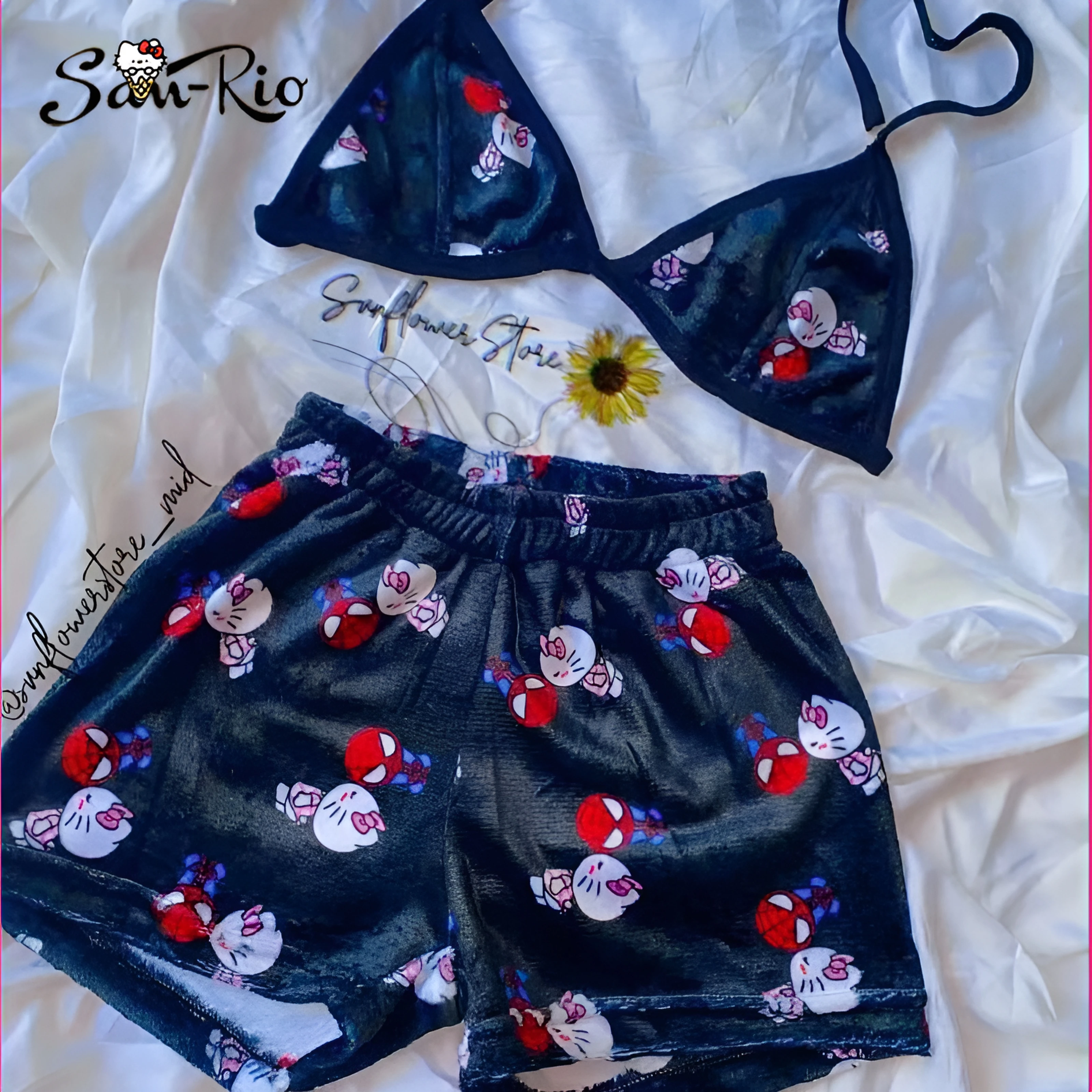 Hello kitty pajama woman Set comics pyjama Top Shorts Split Strap Adjustable Sexy Bikini bra Underwear Summer pajamas two-piece