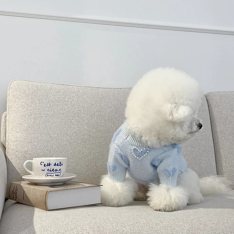 Blue Love Puppy Sweater Teddy Winter Warm Clothes Poodle Soft Pullover Pet Casual Knit Popular Dog Clothes Pet Supplies