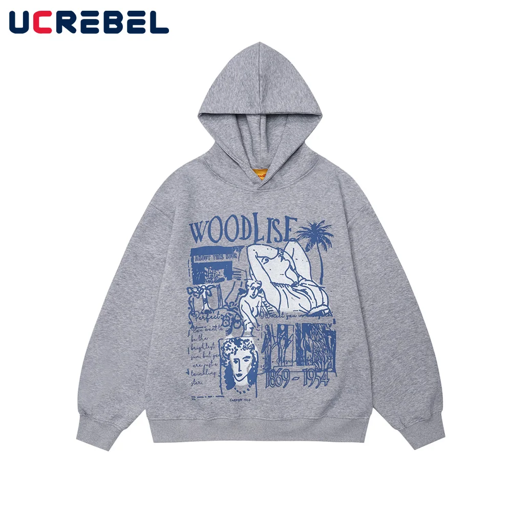 

High Street Print Hooded Sweatshirts Mens Autumn Winter Drop Shoulder Long Sleeve Loose Hoodies Men