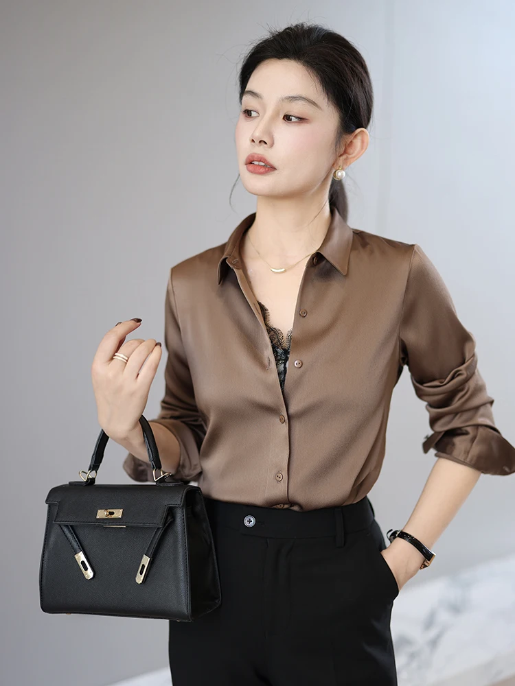 

YSJX Women's Satin irt Commute Sle Long Sve Ne Regular Fit Moisture ng Cool Feeling Skin Friendly Brown