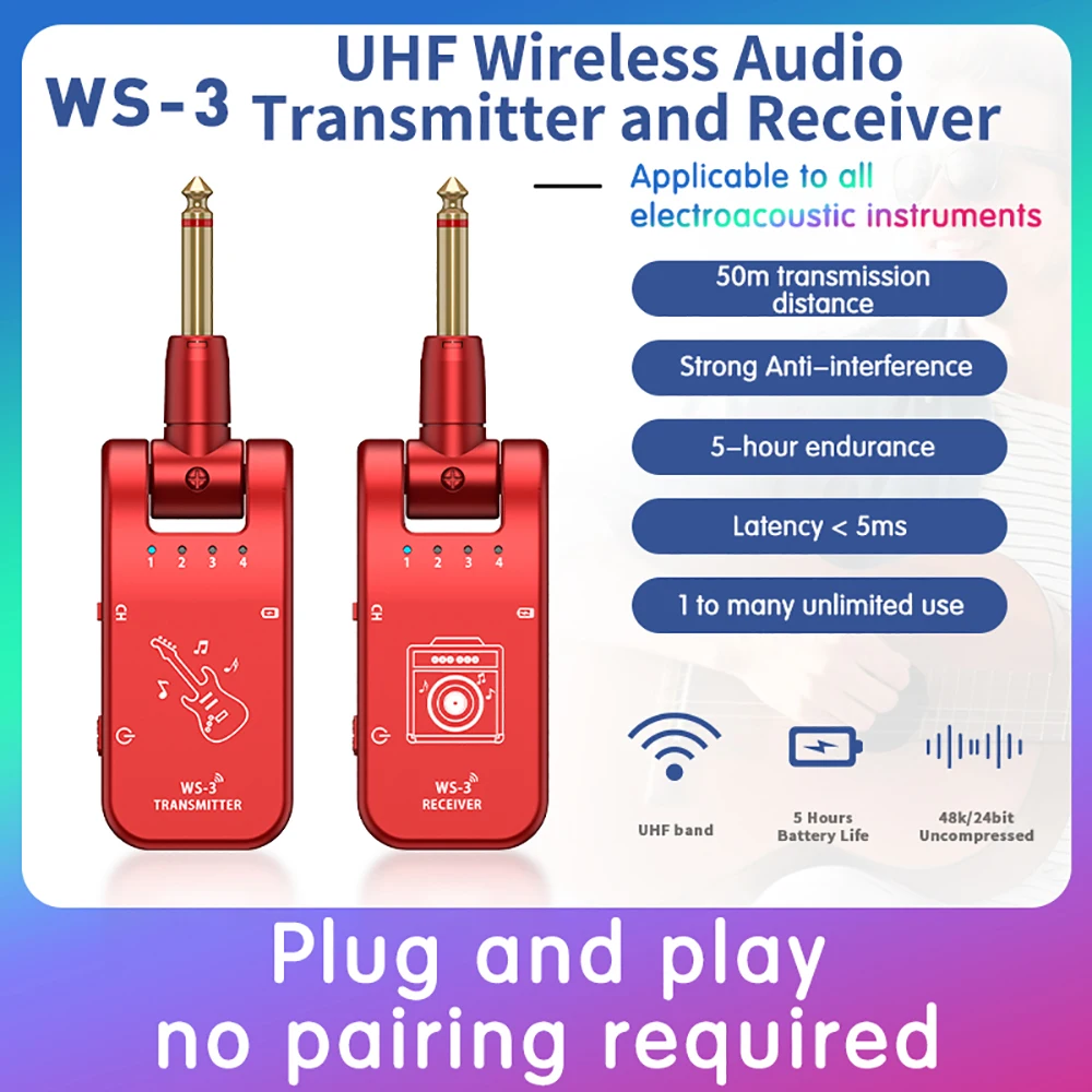 

WS-3UHF Wireless Guitar System Transmitter Receiver 800MHz-900MHz Rotation 282-degree Wireless Audio Guitars Accessories & Parts