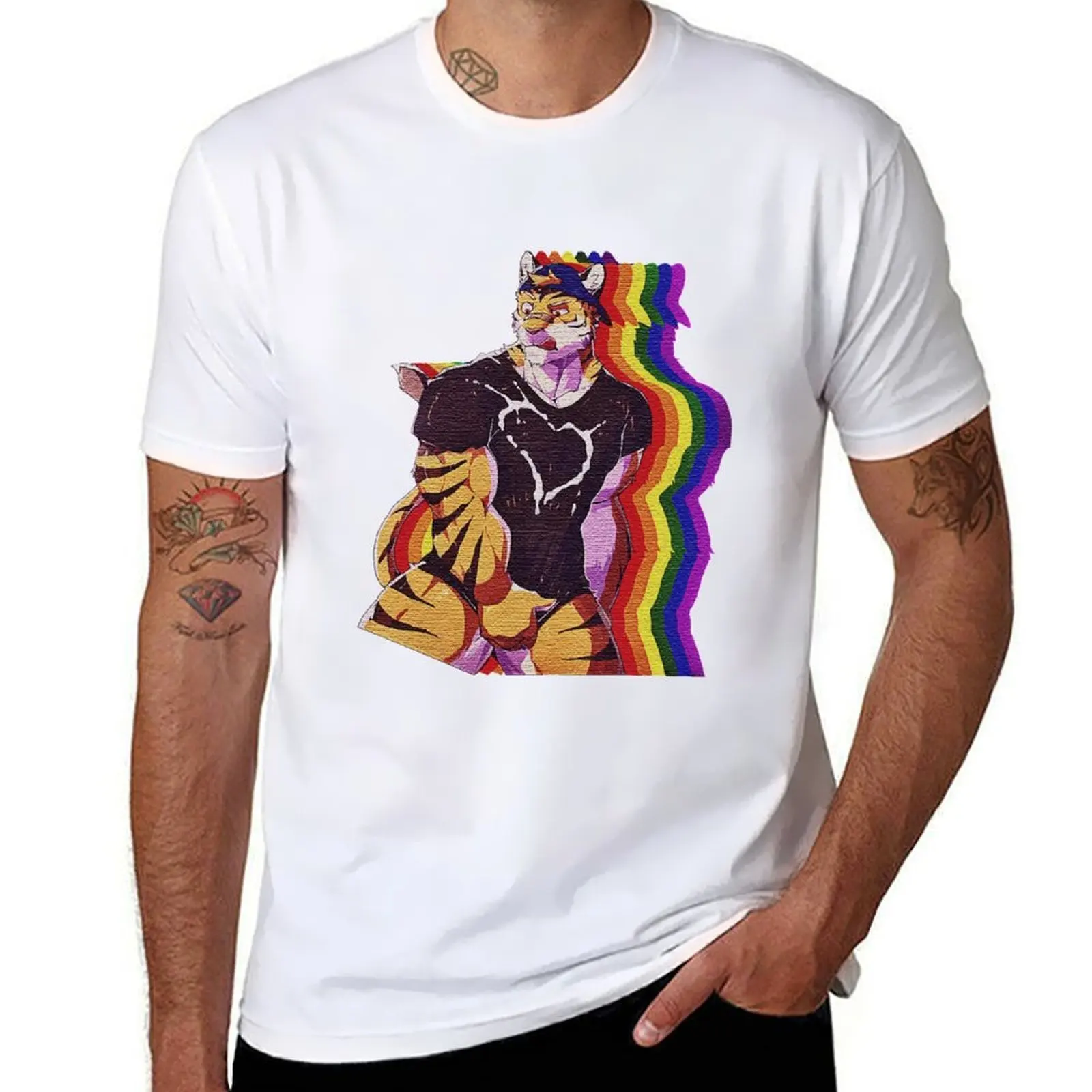 Sexy furry tiger bara with vintage rainbow flag T-Shirt t shirt man cotton anime tshirt T-Shirt