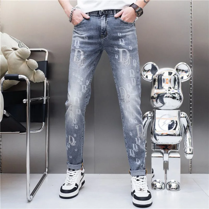 Men's Jeans Luxury Letter Printing Diamond Blue Denim Pants 2023 Summer New Fashion Brand Slim Fit High Quality Male Trousers