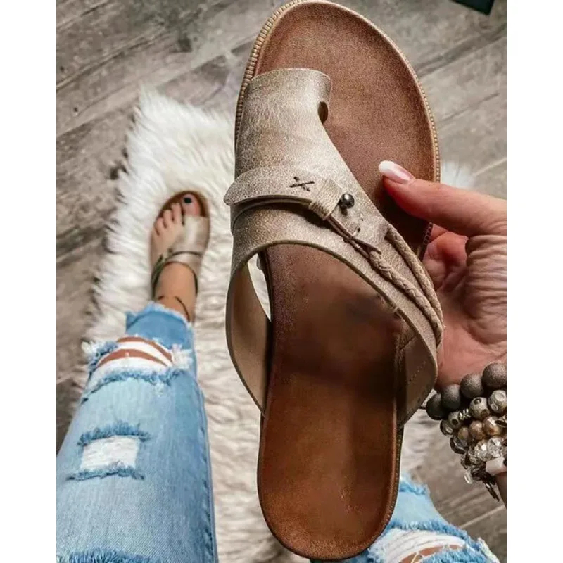 2024 Sandals for Women Orthopedic Bunion Corrector Slippers Leather Ring Toe Sandal Comfy Platform Flat Lady Shoes Plus Sizes